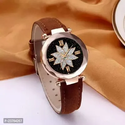 HRV Flower Designer Dial  Stylish Brown Belt Wrist Women Watch