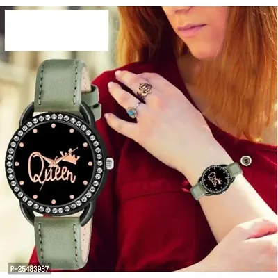 HRV Queen Dial Black Dimond Cash Green Leather Girls and Women Analog Watch