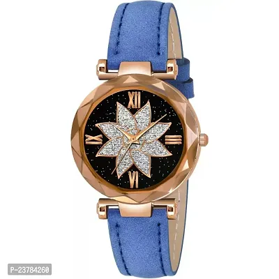 HRV Black Flower Dial Blue Leather Belt Women Watch