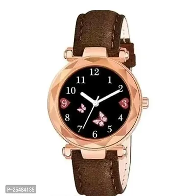 HRV Bty Black Dial Brown Leadies Leather Belt Girls and Women Analog Watch-thumb0