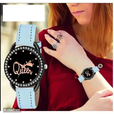 HRV Queen Dial Black Dimond Cash Sku Blue Leather Girls and Women Analog Watch