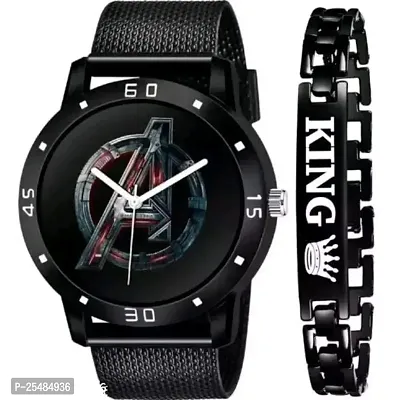 Bolun Black Avg Dial With King Black Bracelet PU Men And Boys Watch