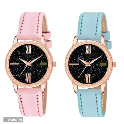 HRV Black Roman Dial Pink and SkyBlue Leather Belt Combo Women and Girls Watch-thumb0