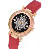 HRV Black Flower Dial Red Leather Belt Women Watch-thumb2