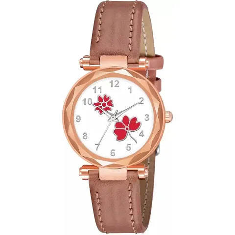 KIARVI GALLERY Analogue Flower Designer Leather Strap Women's and Girl's Watch (Peach-Pink)