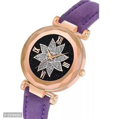 HRV Black Flower Dial Purple Leather Belt Women Watch-thumb3