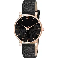 HRV Black Leather Flower Pint Dial Analog Women and Girls Watch-thumb1