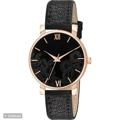 HRV Black Leather Flower Pint Dial Analog Women and Girls Watch-thumb2