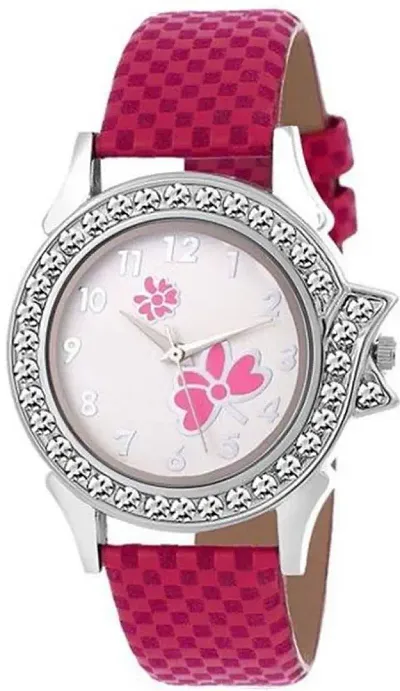 Stylish Flower Print Dial Chex Synthetic Design Leather Belt Watch For Girls Women