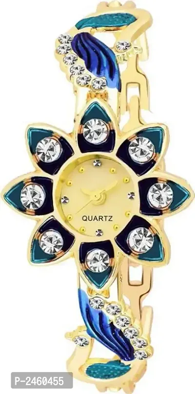 New Stylish Blue Golden Diamond Studded SunFlower Watch For Women-thumb0