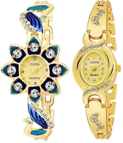 Beautiful Crystal Studded Golden Analog Watches for Women in a pack of 2