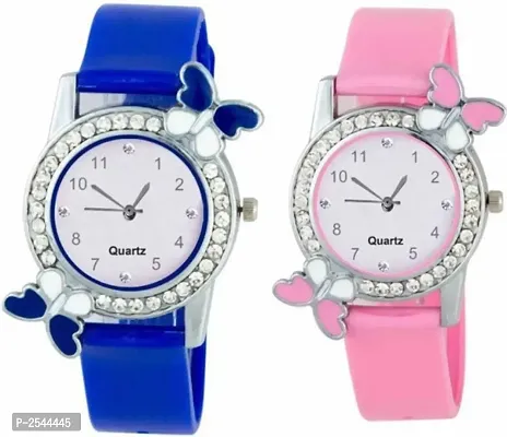 New Arrival Dual Batterfly With Diamond Blue And Pink Watch For Women-thumb0