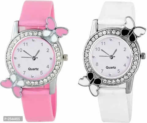 New Arrival Dual Batterfly With Diamond Pink And White Watch For Women