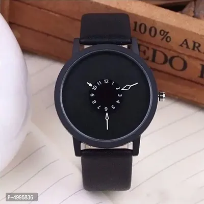 Black Leather Wrist Watch For Unisex-thumb0