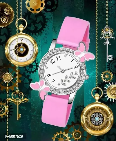 Pink Diamond Studded Attractive Butterfly Stylish Women Wnalog Watch For Girls