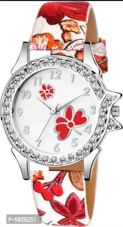 Stylish Genuine Leather White Printed Strap Analog Watch For Women-thumb0