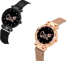 Women Queen Dial Black and Rose Gold Peck Of 2 Luxury Mesh Magnet Buckle Watches For girls-thumb1