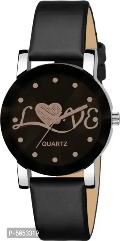 Trendy Synthetic Diamond Cut Glass Love Black Leather belt watch For Women