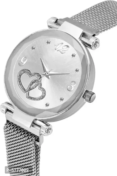 Megnetic Strap Heart Shap Silver Dial Silver Watch For Girls-thumb2