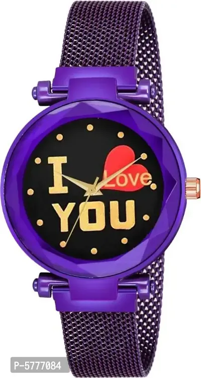 New Fashion I love You Black color Dial With Purple Maganet Strap For Women