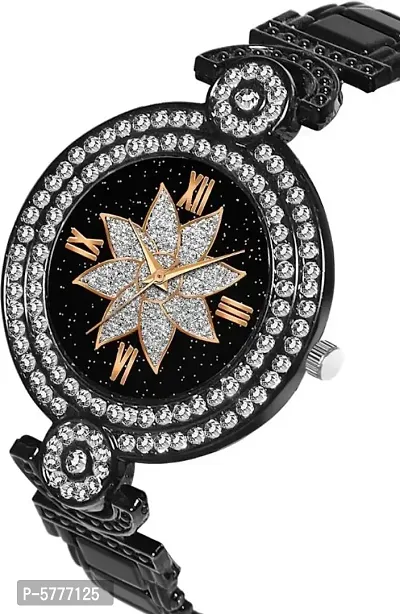 New Fashion Black Color Flower Dial Black Metal Strap Designer Fashion Wrist Analog Watch For Women-thumb2