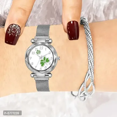 New Fashion Green Flower White Dial Silver Case With Silver Maganet Strap Fashion Wrist Analog Watch For Women