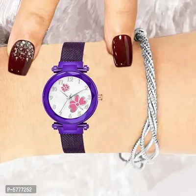 New Fashion Pink Flower White Dial Purple Case With Purple Maganet Strap Fashion Wrist Analog Watch For Women