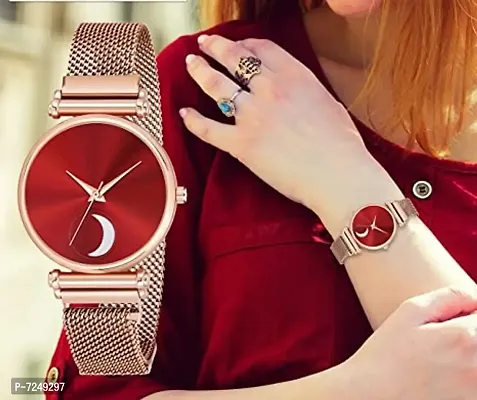 Moon Dial Unique Designer Magnetic Red Dail Metal Strap Womens and Girls Watch