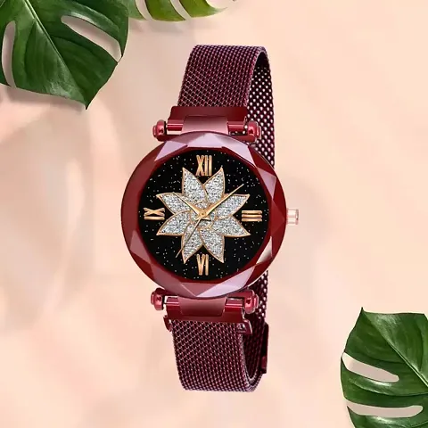 The Shopoholic Analogue Red Flower Dial Magnet Belt Watch for Girls(S-477)
