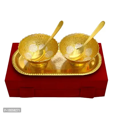 German Silver Two Tone Lotus Shape 2 Bowl and Tray with 2 Spoon Set-thumb0