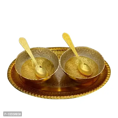 German Silver Two Tone Round Shape 2 Bowl and Tray with 2 Spoon Set-thumb3