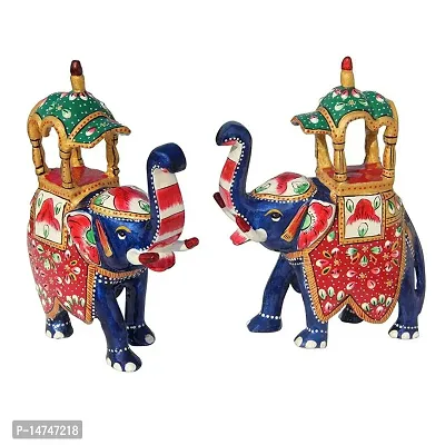 Hand Painted Metal Enamelled Pair of Ambari Elephant