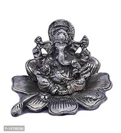 Oxidized White Silver Metal Flower Lord Ganesha Idol-thumb0
