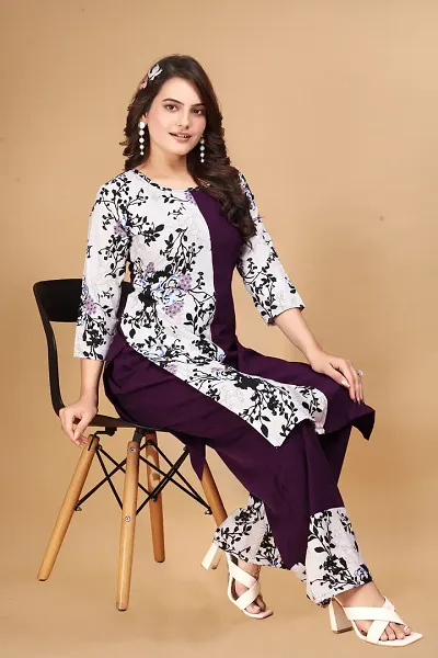 Crepe Traditional Straight Printed Kurta And Palazzo Set