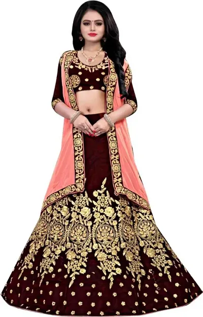 Women's Embroidered Velvet Lehenga Choli with Dupatta