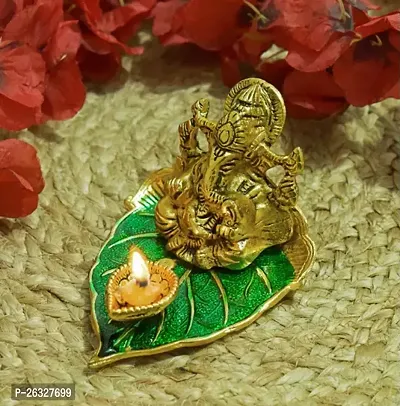 Lord Ganesha on Leaf Ganesh Metal with Diya Ganesh Statue Brass-thumb0