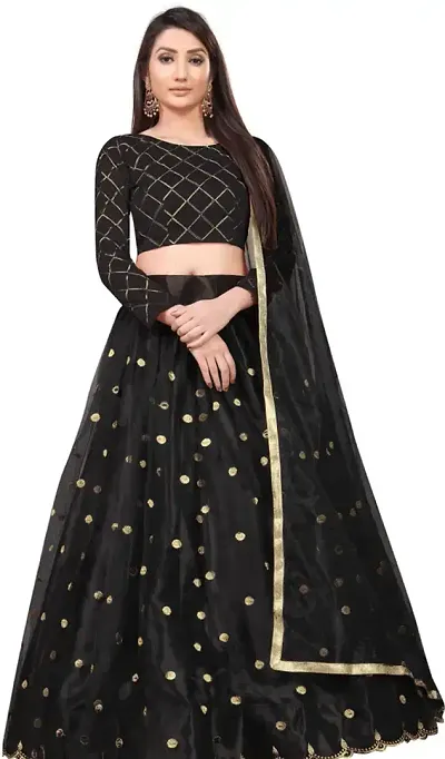 PATBRO Women Silk Semi-stitched Lehenga choli (PAT005 Black&Black_Free Size)