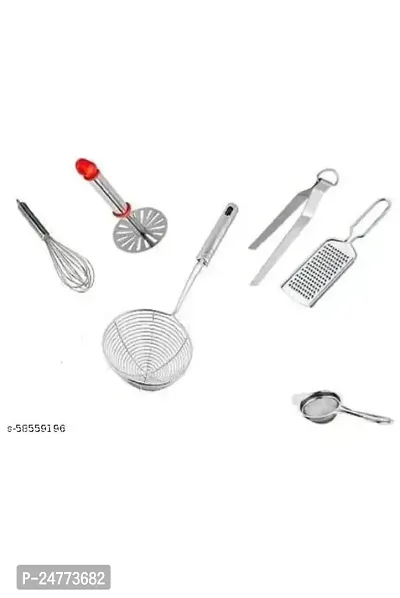 Deep Fry- Small Masher- Chimta- Whisk- Tea- Cheese Grater_Stainless Steel_Strainers And Sieves Pack Of 6