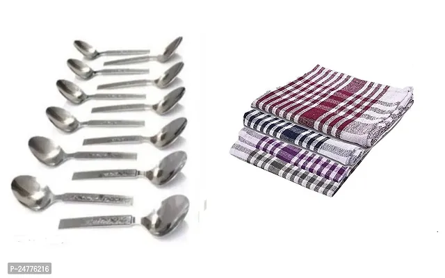 12 Pcs Ss Spoon - 6 Pcs Kitchen Cloth_Stainless Steel_Cooking Spoons Pack Of 2