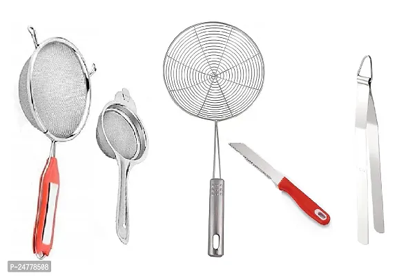 5 No Soup-Tea-Jhara-Knife-Chimta_Stainless Steel_Strainers And Sieves Pack Of 5-thumb0