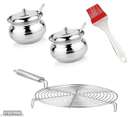 Ss Roasted Jali - 2 Pcs Ghee Pot - Mini Oil Brush Only_Stainless Steel_Baking Tools And Accessories Pack Of 2