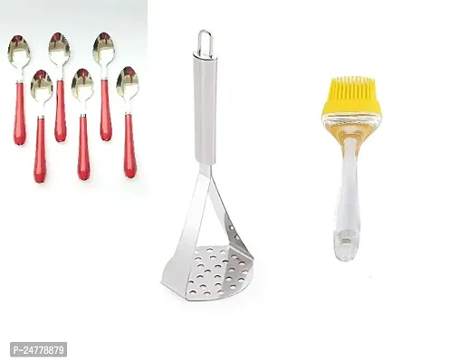 6 Pcs Handle Spoon - Big Masher - Big Oil Brush Only_Stainless Steel_Cooking Spoons Pack Of 3-thumb0