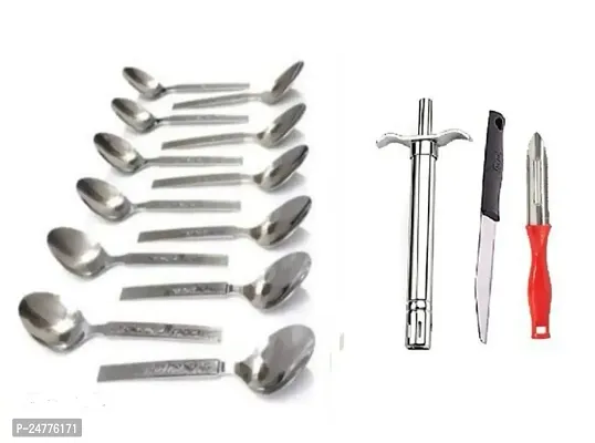 12 Pcs Ss Spoon - Lighter Knife - Peeler_Stainless Steel_Cooking Spoons Pack Of 2-thumb0