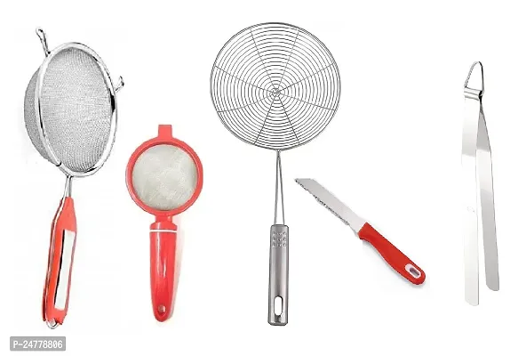 5 No Soup-Plastic Tea Strainer-Jhara-Knife-Chimta_Stainless Steel_Strainers And Sieves Pack Of 5