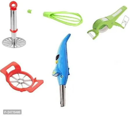 Small Masher- Plastic Whisk- Bhindi Cutter- Apple Cutter -Dolphin Lighter_Stainless Steel_Pressers And Mashers Pack Of 5