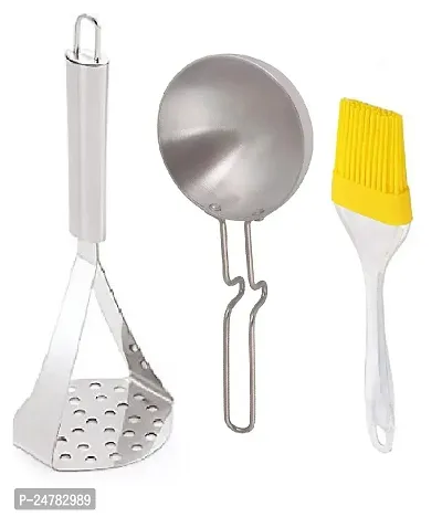 Ss Masher-Silver Tadka Pan-Big Oil Brush Onlystainless Steel_Pressers And Mashers Pack Of 3