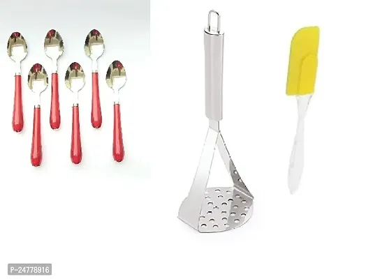 6 Pcs Handle Spoon - Big Masher - Mini Spatula Only_Stainless Steel_Cooking Spoons Pack Of 3-thumb0