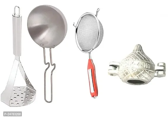 Ss Masher-Silver Tadka Pan-Soup-Alum Modakstainless Steel_Baking Tools And Accessories Pack Of 4