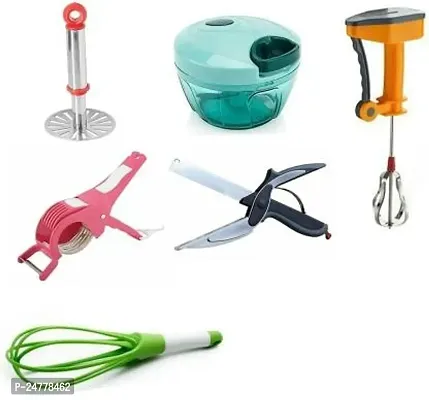 Small Masher - Bhindi Cutter - Plastic Whisk - Handy Chopper - Claver Cutter - Hand Blender _Stainless Steel_Pressers And Mashers Pack Of 6