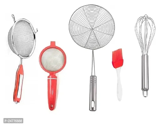 4 No Soup-Plastic Tea Strainer-Jhara-M Oil Brush-Egg Beater_Stainless Steel_Strainers And Sieves Pack Of 5-thumb0